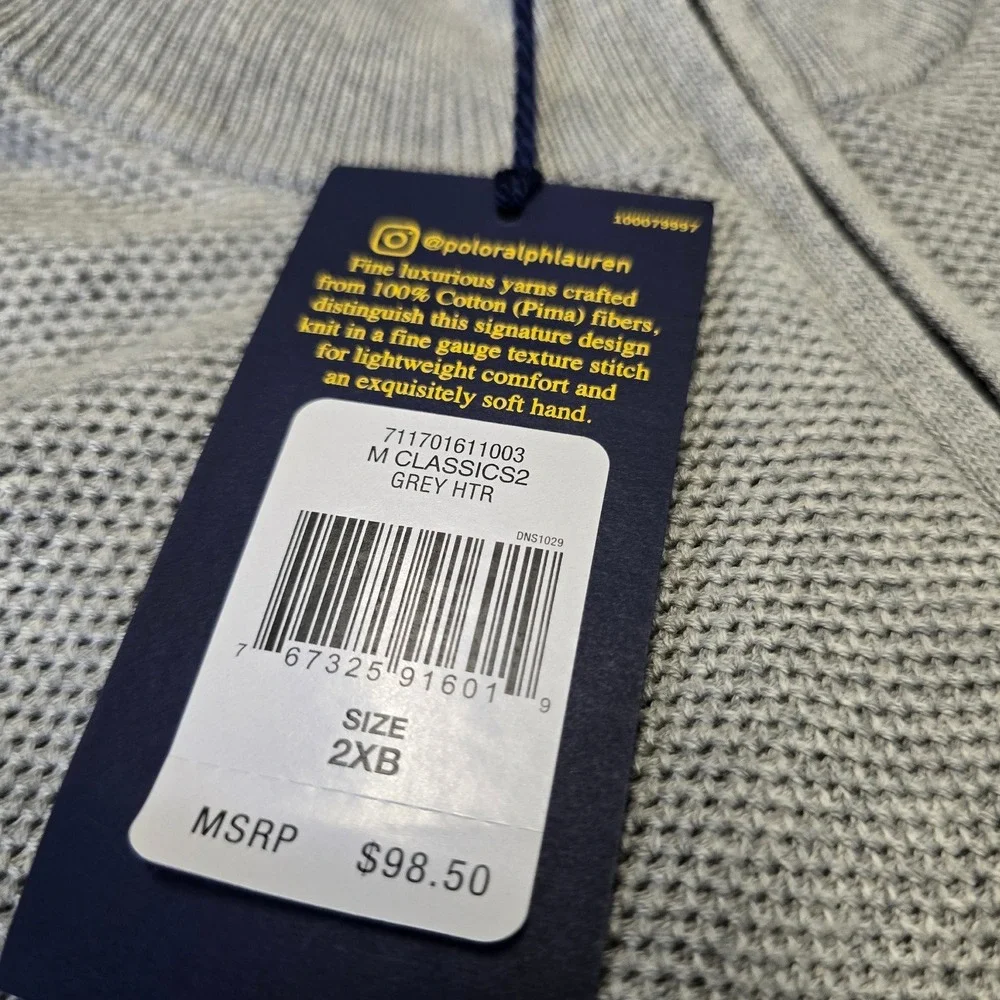 Polo Ralph Lauren Quarter Zip Sweater 2XB Gray Pima Cotton NWT
